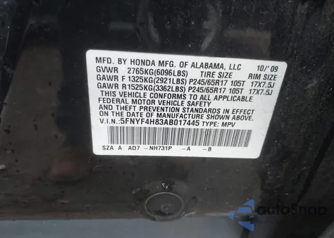 2010 Honda Pilot Touring из США, поврежденный, VIN 5FNYF4H83AB017445